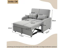 Sofá conversível 127x75x94 cm - Encosto ajustável - Com 2 almofadas - Cinza escuro