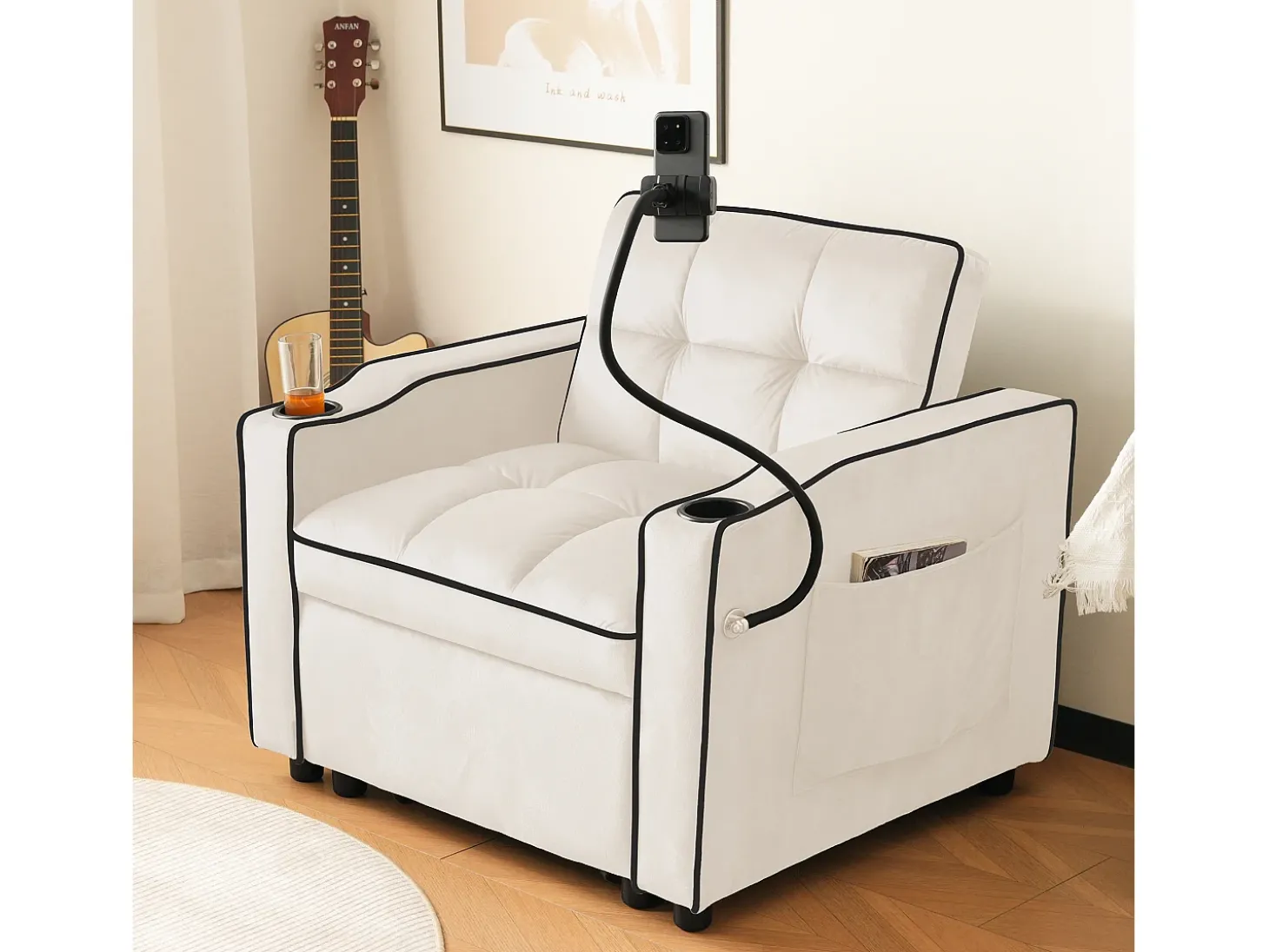 Sofá de 1 lugar - Poltrona com suporte para copos e suporte para telemóvel - veludo bege