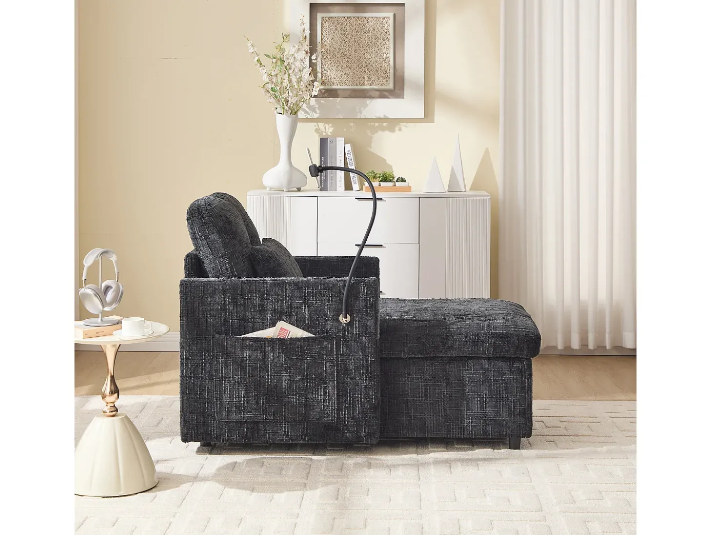Sofá de 1 lugar com 2 bolsos laterais - Sofá para sala de estar com suporte para telemóvel e compartimento oculto - chenille preto