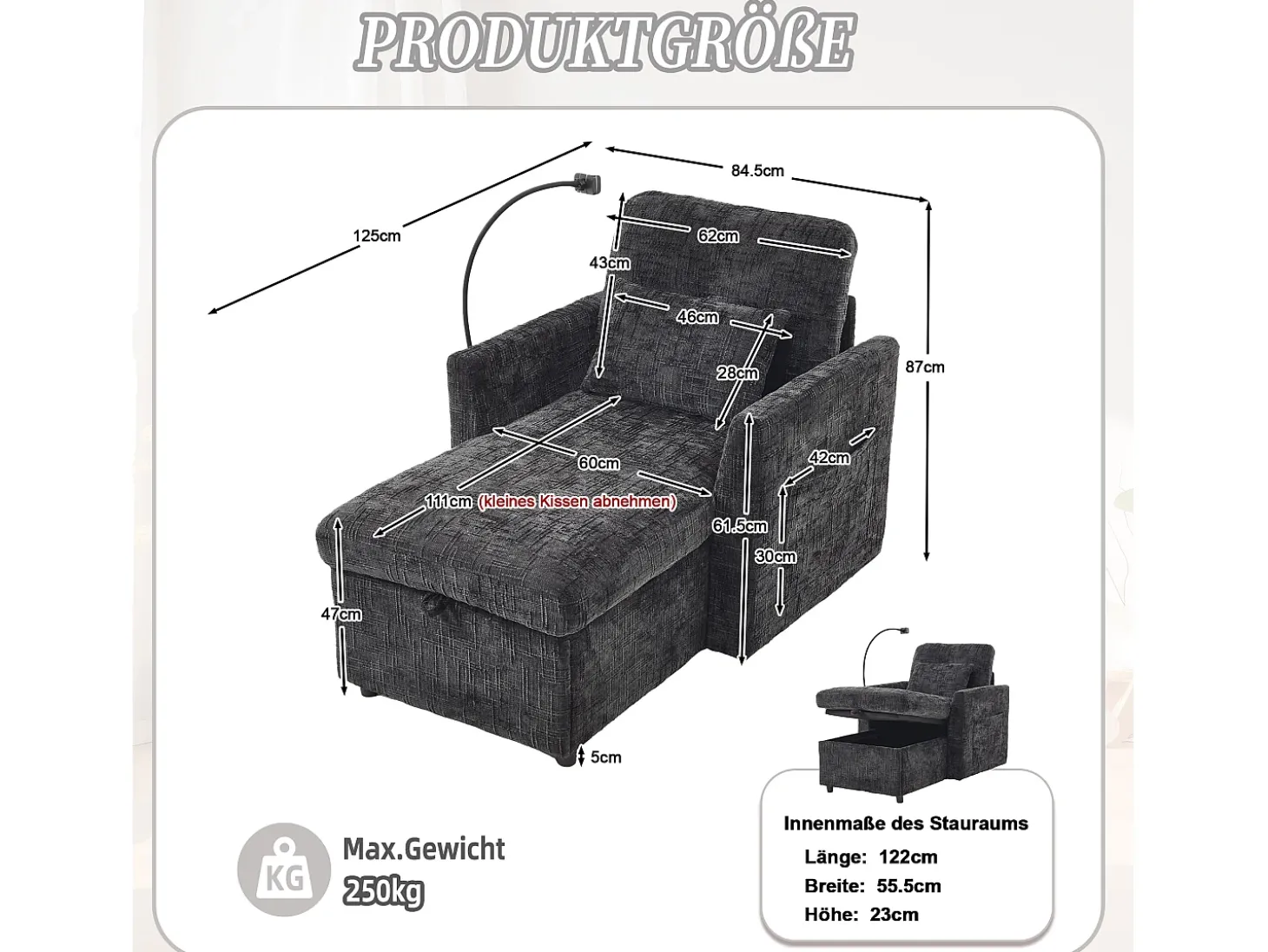 Sofá de 1 lugar com 2 bolsos laterais - Sofá para sala de estar com suporte para telemóvel e compartimento oculto - chenille preto