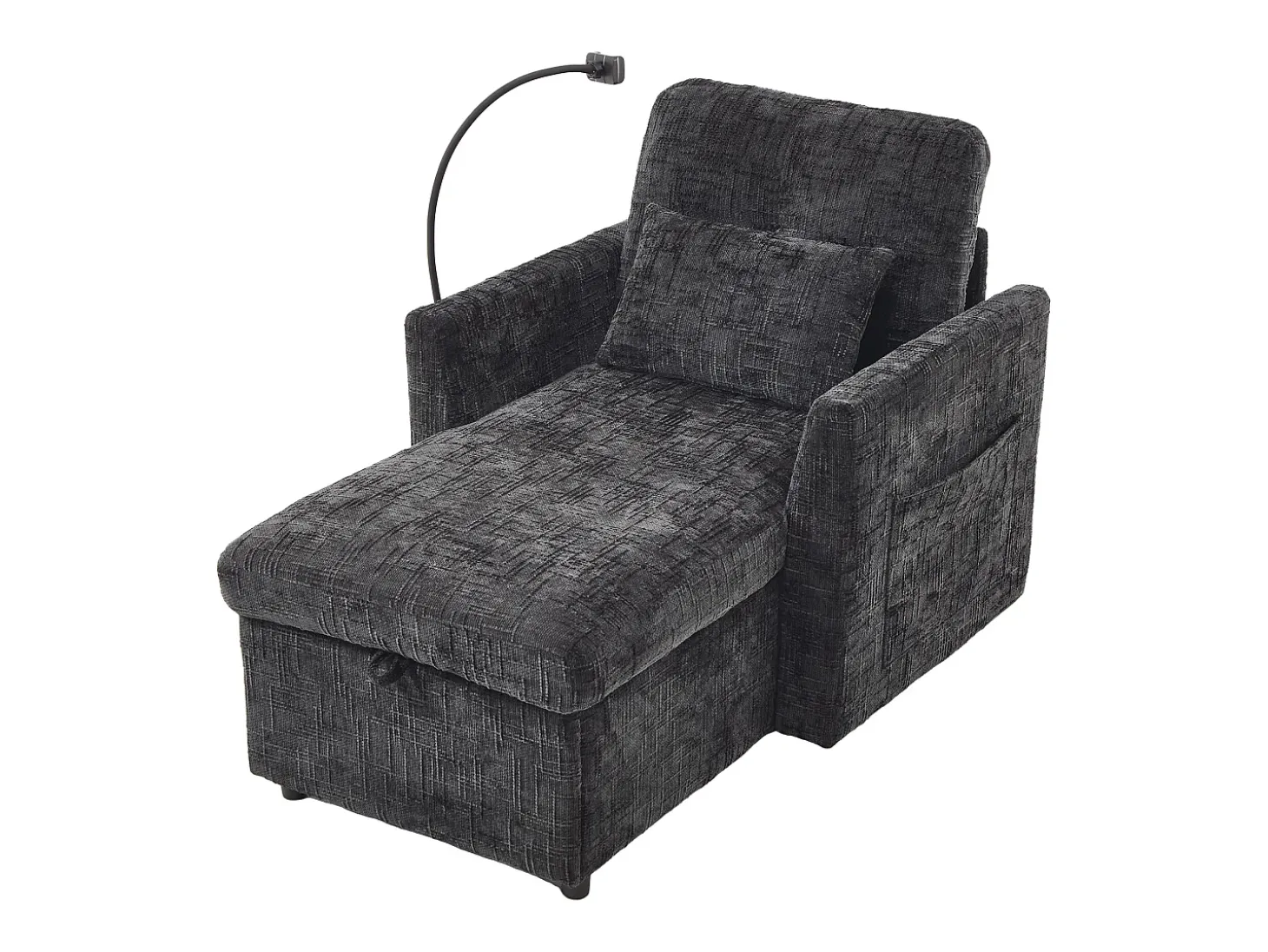 Sofá de 1 lugar com 2 bolsos laterais - Sofá para sala de estar com suporte para telemóvel e compartimento oculto - chenille preto