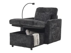 Sofá de 1 lugar com 2 bolsos laterais - Sofá para sala de estar com suporte para telemóvel e compartimento oculto - chenille preto
