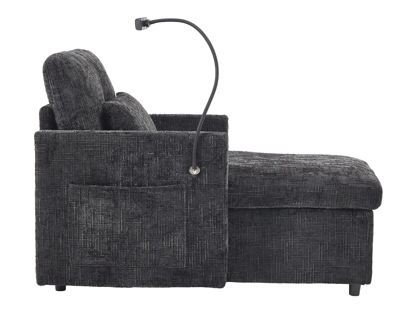 Sofá de 1 lugar com 2 bolsos laterais - Sofá para sala de estar com suporte para telemóvel e compartimento oculto - chenille preto