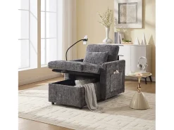 Sofá de 1 lugar com 2 bolsos laterais - Sofá para sala com Suporte para telemóvel e compartimento oculto - chenille cinzento