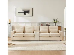 Sofá de 4 lugares - 290 x 83 x 88 cm - com 2 porta-copos, 2 portas USB, 2 bolsos e 4 almofadas - Tecido de linho - Bege