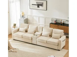 Sofá de 4 lugares - 290 x 83 x 88 cm - com 2 porta-copos, 2 portas USB, 2 bolsos e 4 almofadas - Tecido de linho - Bege