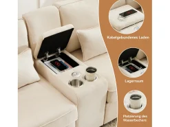 Sofá de 4 lugares - 290 x 83 x 88 cm - com 2 porta-copos, 2 portas USB, 2 bolsos e 4 almofadas - Tecido de linho - Bege
