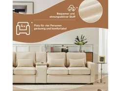Sofá de 4 lugares - 290 x 83 x 88 cm - com 2 porta-copos, 2 portas USB, 2 bolsos e 4 almofadas - Tecido de linho - Bege