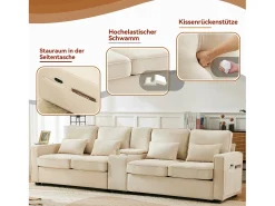 Sofá de 4 lugares - 290 x 83 x 88 cm - com 2 porta-copos, 2 portas USB, 2 bolsos e 4 almofadas - Tecido de linho - Bege