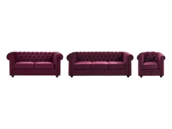 Sofá de 3 lugares, 2 lugares e poltrona em veludo roxo CHESTERFIELD