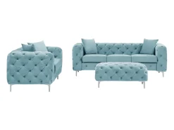 Sofá de 3 lugares, 2 lugares e pufe chesterfield em veludo azul pastel EDWINA