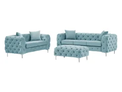 Sofá de 3 lugares, 2 lugares e pufe chesterfield em veludo azul pastel EDWINA