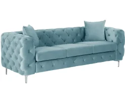 Sofá de 3 lugares, 2 lugares e pufe chesterfield em veludo azul pastel EDWINA