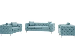 Sofá de 3 lugares, 2 lugares e poltrona chesterfield em veludo azul pastel EDWINA