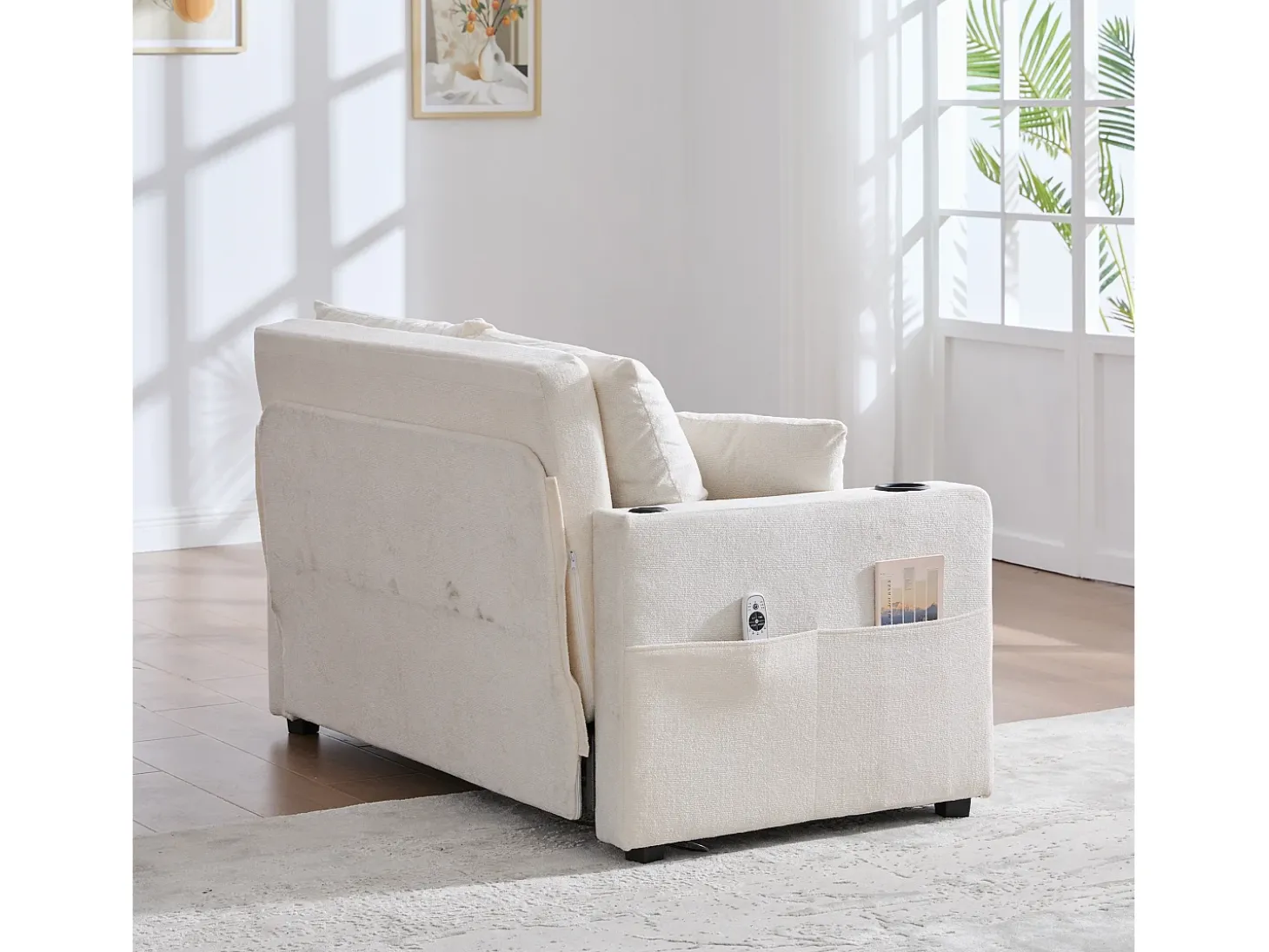 Sofá de 2 lugares com 4 almofadas - Sofá relaxante com suporte para copos e bolsos laterais - chenille bege