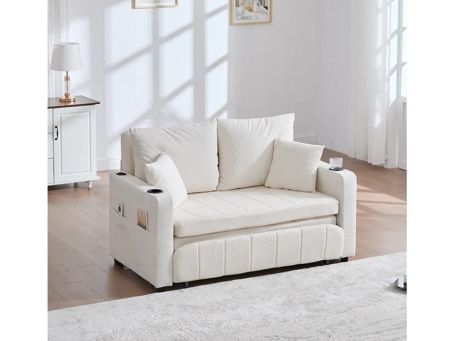 Sofá de 2 lugares com 4 almofadas - Sofá relaxante com suporte para copos e bolsos laterais - chenille bege