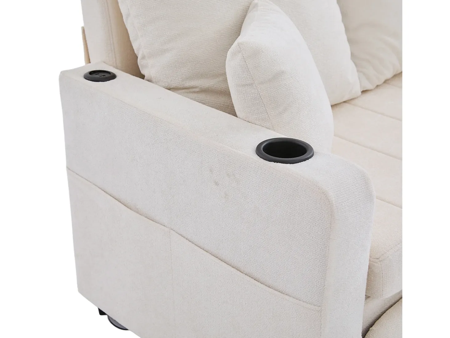 Sofá de 2 lugares com 4 almofadas - Sofá relaxante com suporte para copos e bolsos laterais - chenille bege