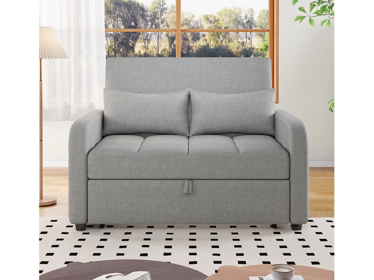 Sofá de 2 lugares com função de extensão - Sofá de relaxamento com encosto ajustável e 2 almofadas - Linho cinzento