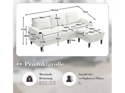 Sofá de 4 lugares com pufe - 196,5 x 75 x 77 cm - com armazenamento + braços - veludo - bege