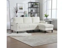 Sofá de 4 lugares com pufe - 196,5 x 75 x 77 cm - com armazenamento + braços - veludo - bege