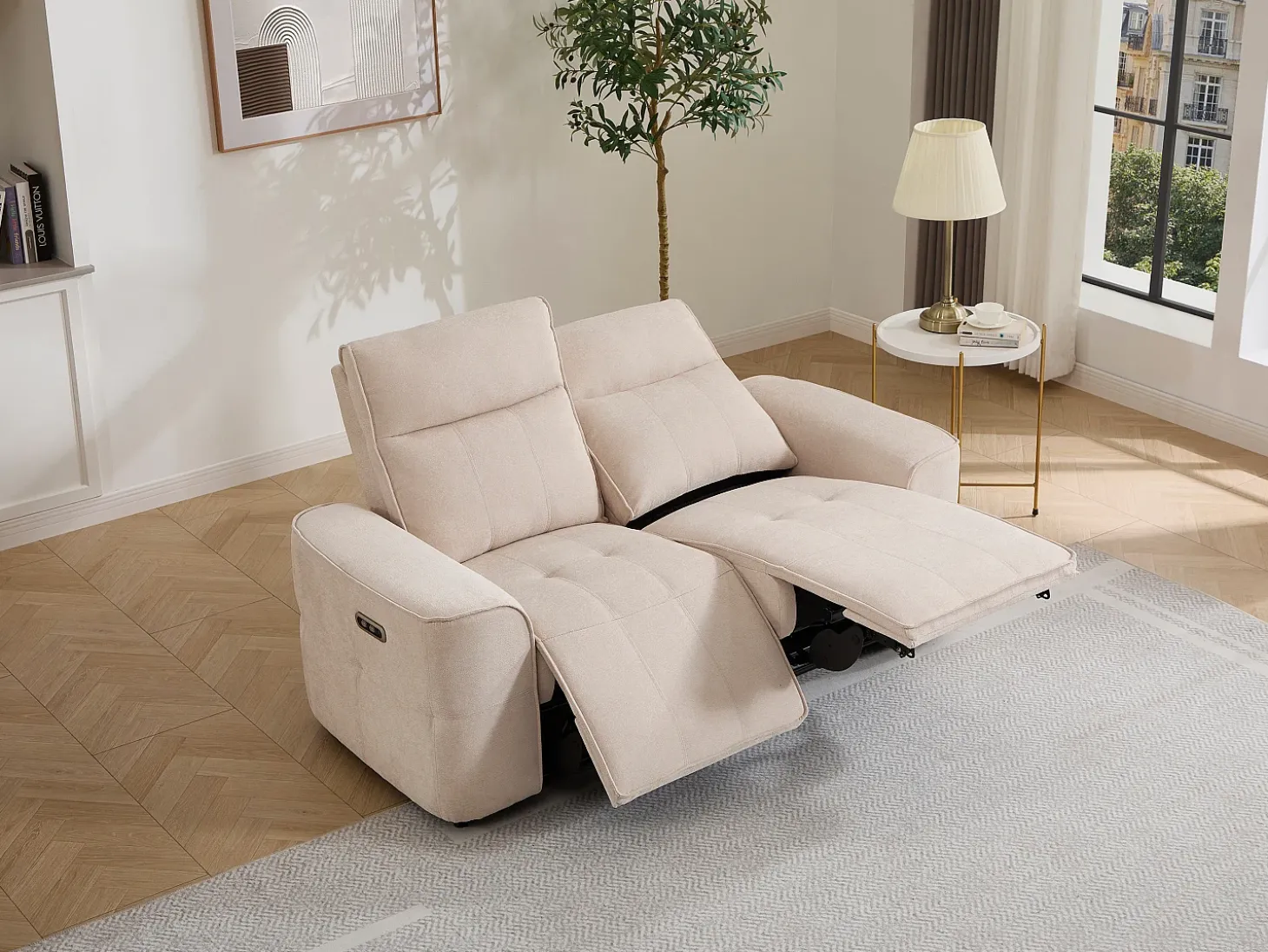 Sofá de 2 lugares com relaxamento elétrico em tecido chenille bege SCAMOCO