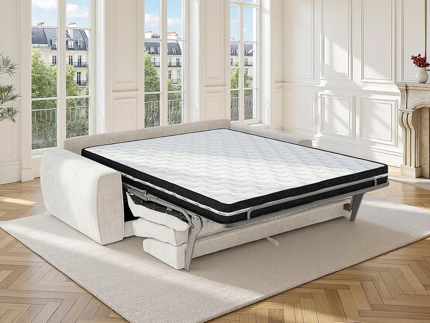 Sofá de 3 lugares conversível expresso em tecido chenille bege 140 cm colchão 16 cm VOMERA