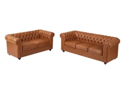Sofá de 3 lugares e 2 lugares em pele de vaca cor camel - CHESTERFIELD