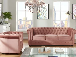 Sofá de 3 lugares e cadeirão Veludo rosa CHESTERFIELD