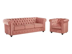 Sofá de 3 lugares e cadeirão Veludo rosa CHESTERFIELD