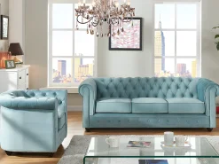 Sofá de 3 lugares e cadeirão Veludo azul CHESTERFIELD