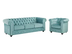 Sofá de 3 lugares e cadeirão Veludo azul CHESTERFIELD