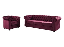 Sofá de 3 lugares e cadeirão em veludo roxo CHESTERFIELD