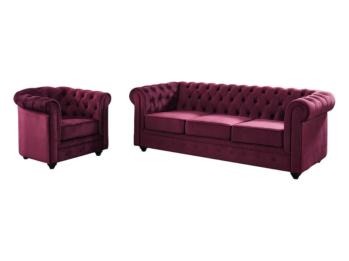 Sofá de 3 lugares e cadeirão em veludo roxo CHESTERFIELD