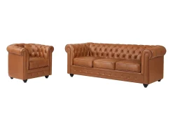 Sofá de 3 lugares e poltrona em pele de vaca cor camel - CHESTERFIELD