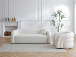 Sofá de 3 lugares e poltrona giratória em tecido bouclette branco LAPIOTA da Maison Céphy