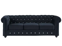 Sofá de 3 lugares e sofá de 2 lugares veludo preto com botões efeito cristal CHESTERFIELD
