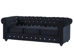 Sofá de 3 lugares e sofá de 2 lugares veludo preto com botões efeito cristal CHESTERFIELD