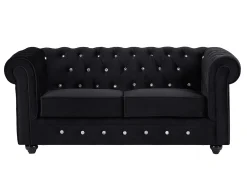 Sofá de 3 lugares e sofá de 2 lugares veludo preto com botões efeito cristal CHESTERFIELD