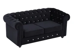 Sofá de 3 lugares e sofá de 2 lugares veludo preto com botões efeito cristal CHESTERFIELD