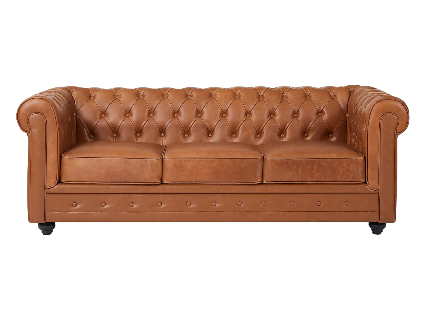 Sofá de 3 lugares em pele de vaca cor camel - CHESTERFIELD
