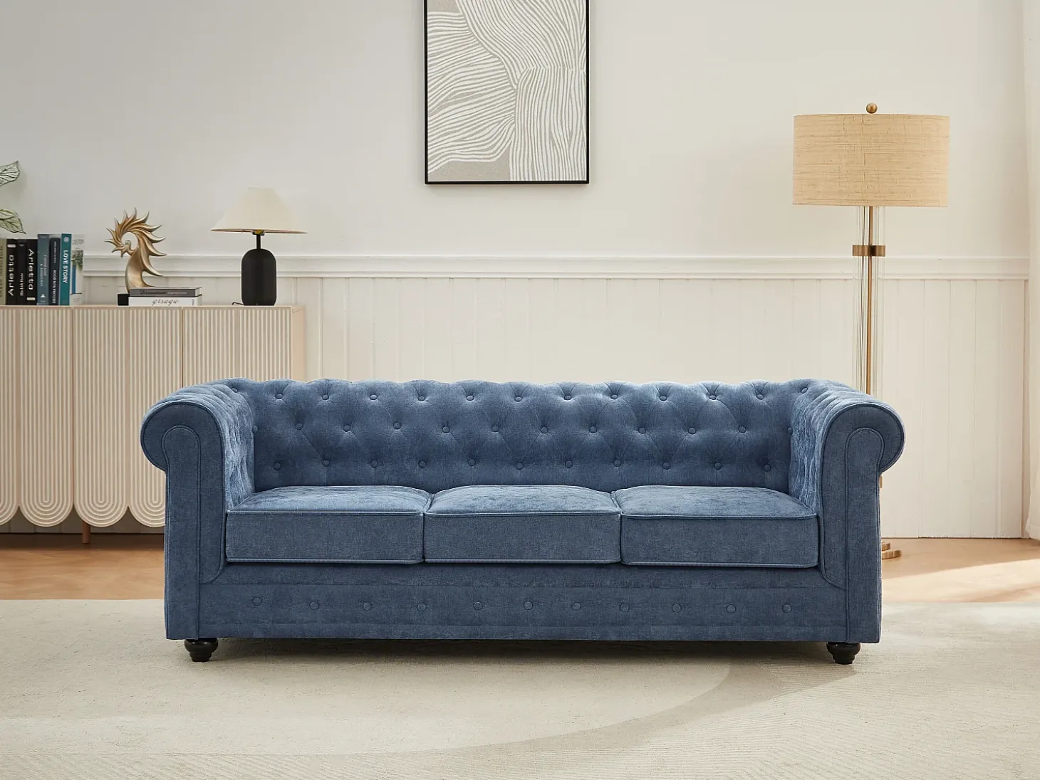 Sofá de 3 lugares em tecido de cor azul CHESTERFIELD