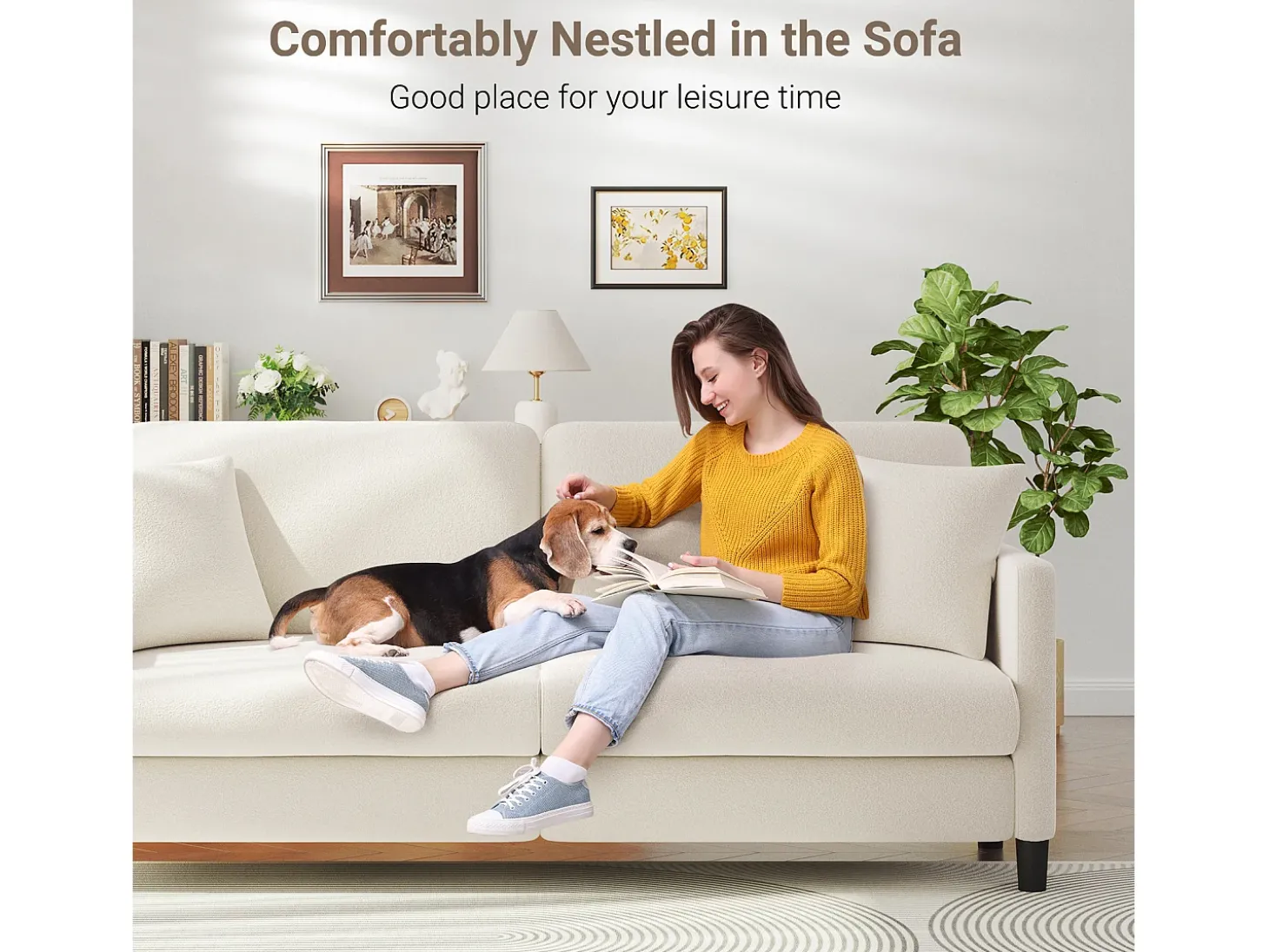 Sofá de 3 lugares em Teddy Velvet, sofá de conforto à direita em madeira maciça, sofá com apoios de braços, 193x79x89cm, bege, bege