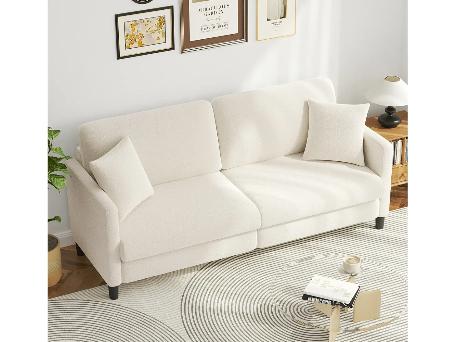 Sofá de 3 lugares em Teddy Velvet, sofá de conforto à direita em madeira maciça, sofá com apoios de braços, 193x79x89cm, bege, bege