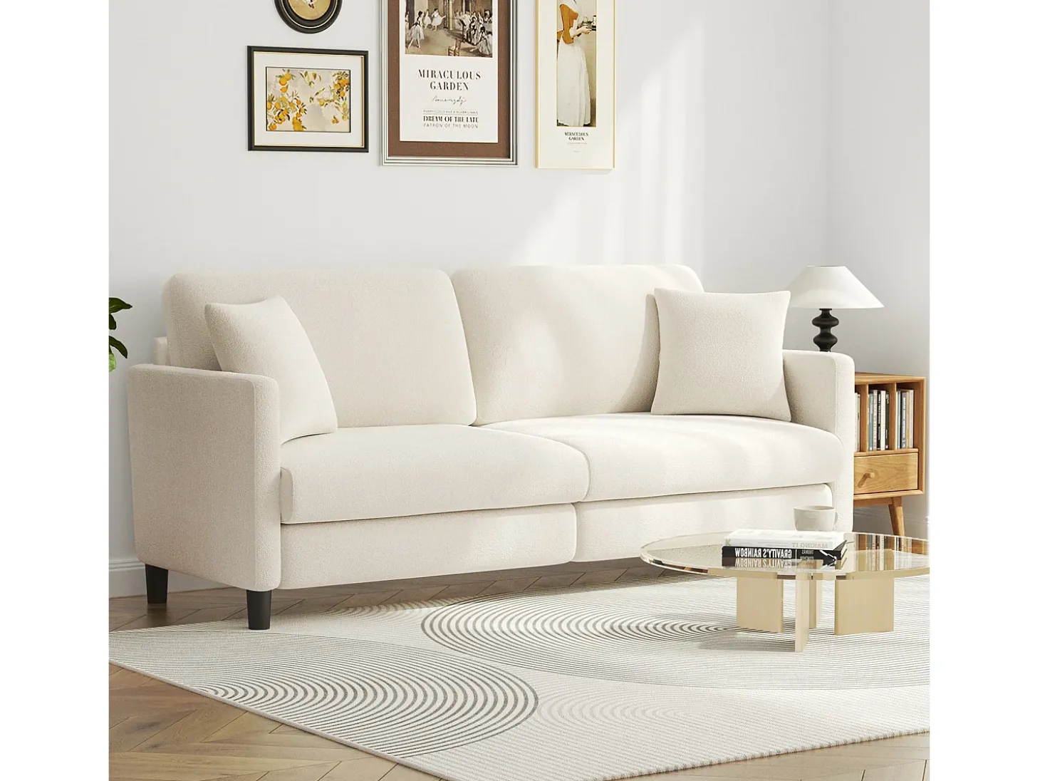 Sofá de 3 lugares em Teddy Velvet, sofá de conforto à direita em madeira maciça, sofá com apoios de braços, 193x79x89cm, bege, bege