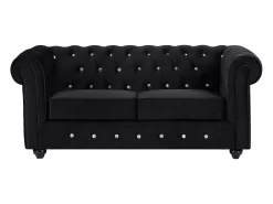 Sofá de 2 lugares em veludo preto com botões efeito cristal CHESTERFIELD