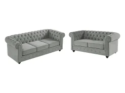 Sofá de 3+2 lugares em veludo cinza-claro CHESTERFIELD