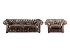 Sofá de 3+1 lugares estilo chesterfield em pele envelhecida - CLOTAIRE