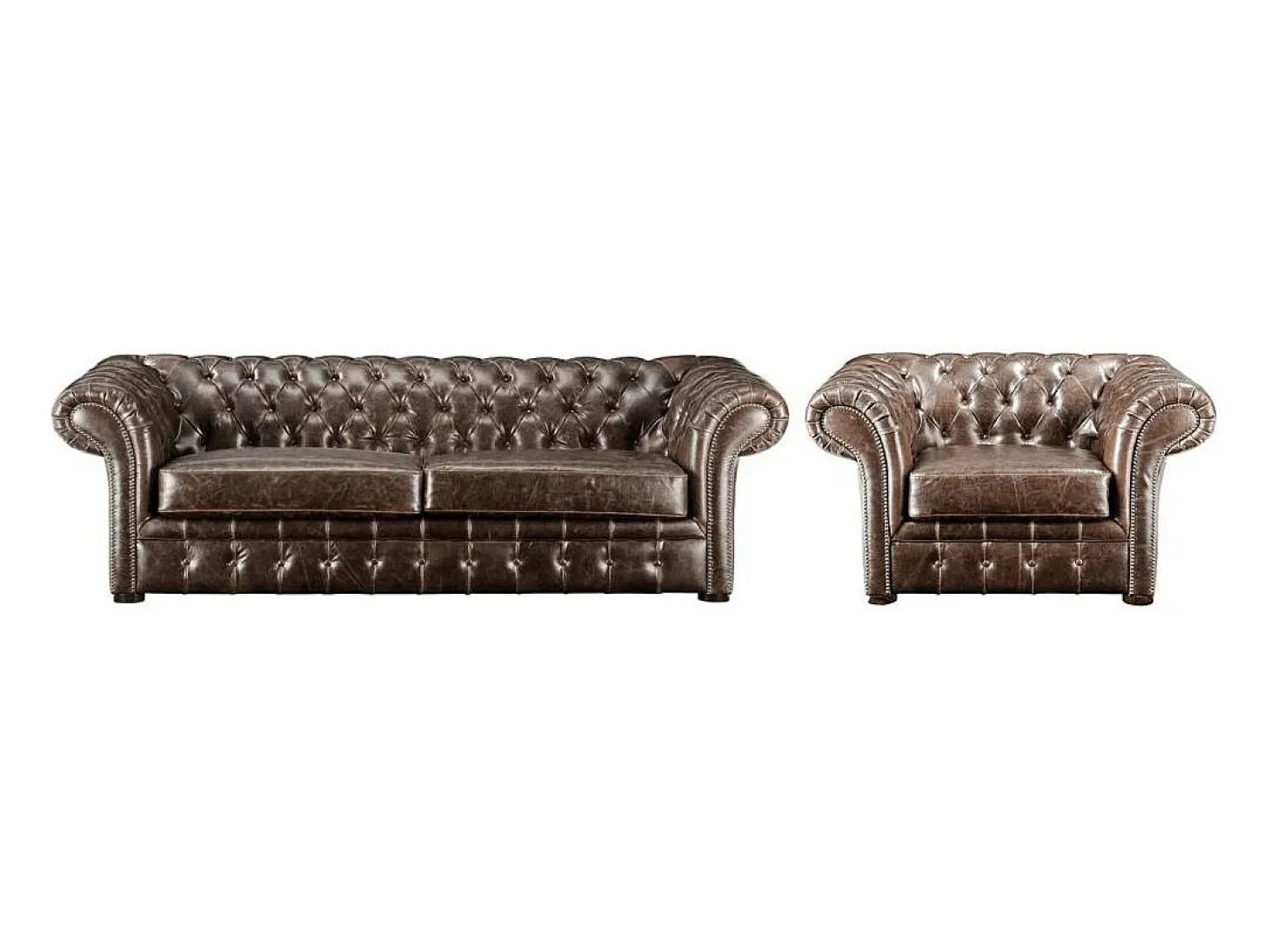 Sofá de 3+1 lugares estilo chesterfield em pele envelhecida - CLOTAIRE