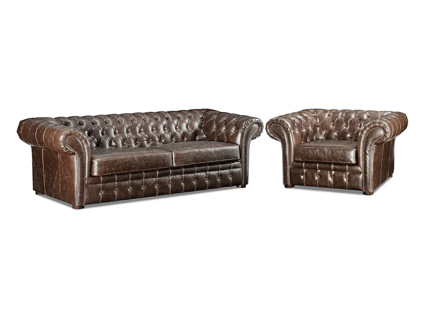 Sofá de 3+1 lugares estilo chesterfield em pele envelhecida - CLOTAIRE