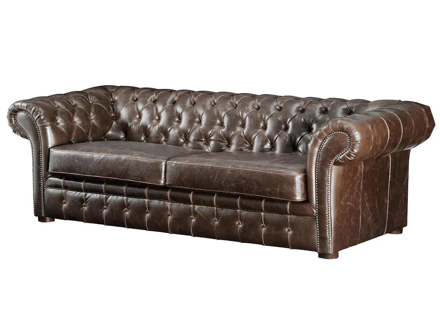 Sofá de 3+1 lugares estilo chesterfield em pele envelhecida - CLOTAIRE